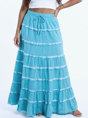 Vintage Y2K Tiered Blue Maxi Skirt Turquoise Blue Ribbon Boho Beach Cotton Cute